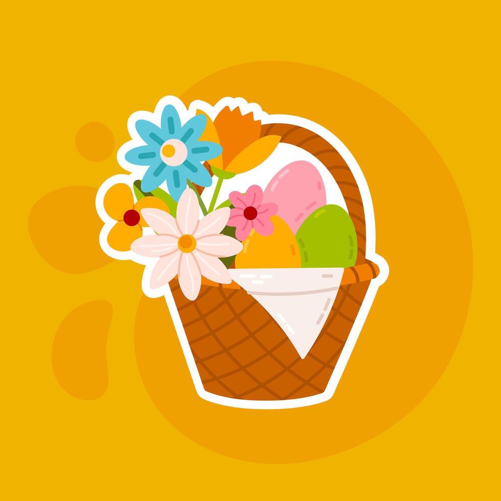 A beautiful Easter basket filled with decorated eggs and flowers on a bright yellow background. Ideal for holiday-themed projects, cards, and prints. vector