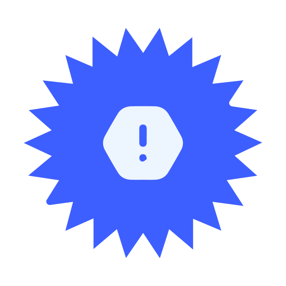 A blue star with an exclamation mark on it flat png
