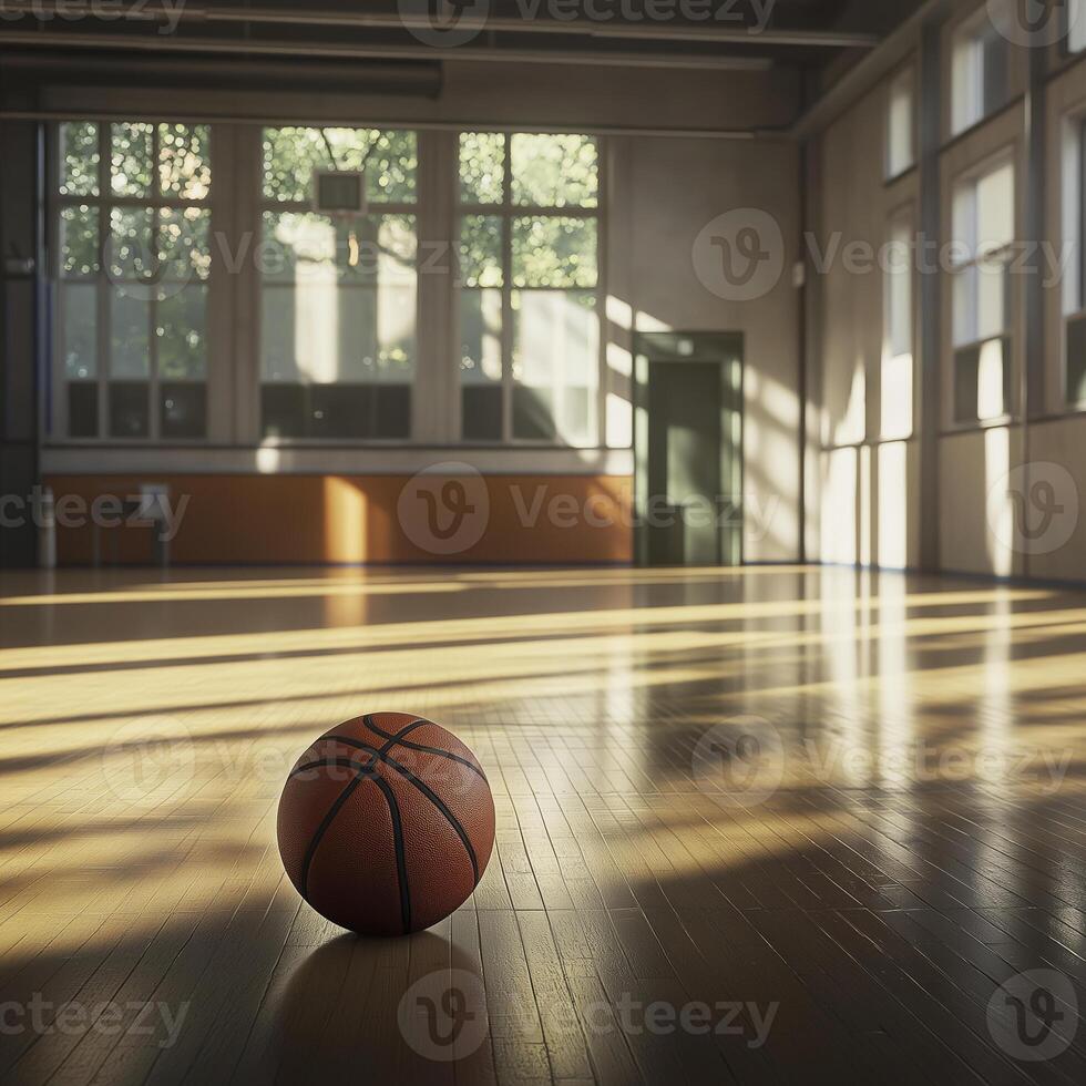 basketball rests on polished floor of indoor gym, illuminated by sunlight streaming through large windows, creating warm atmosphere photo