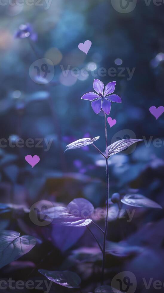 delicate purple flower stands tall in serene forest, surrounded by lush greenery and soft bokeh lights, evoking sense of tranquility and beauty photo