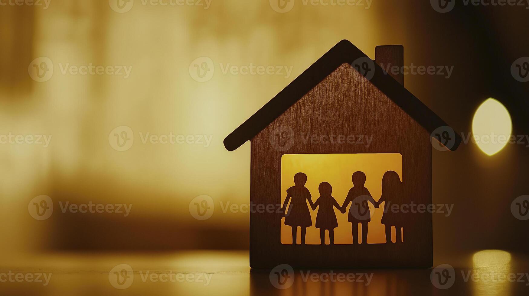 wooden house silhouette with family holding hands, symbolizing love and togetherness photo