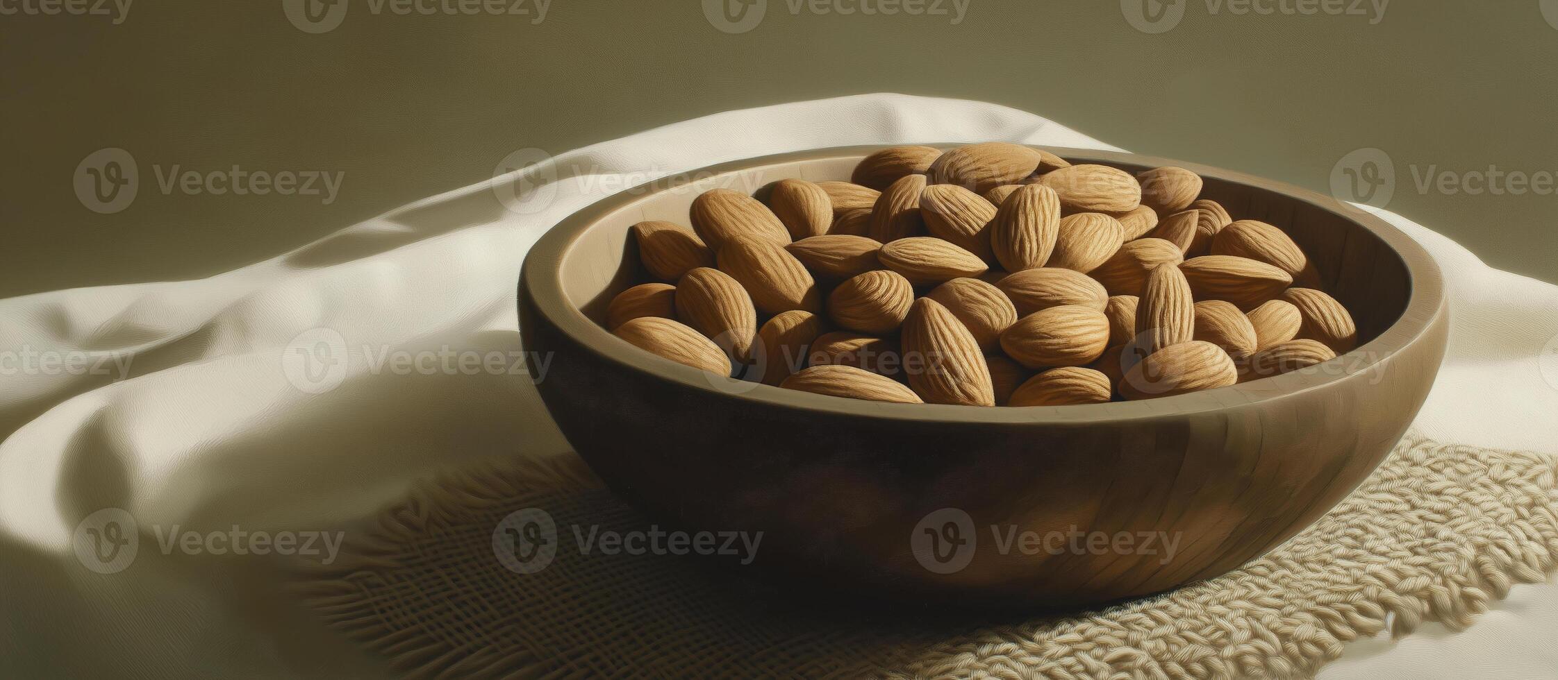 wooden bowl filled with almonds rests on soft fabric background, creating warm and inviting atmosphere photo