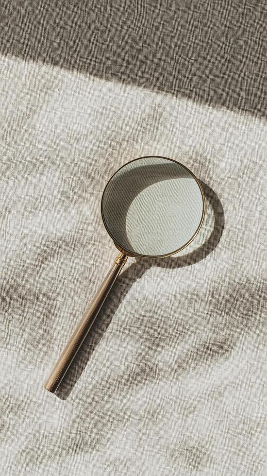 magnifying glass rests on textured beige background, showcasing its elegant design and reflective surface photo