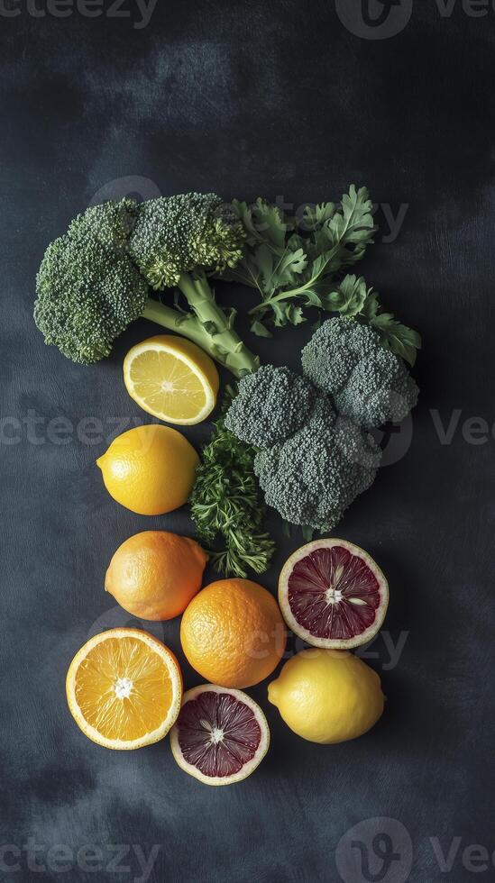 Fresh fruits and vegetables rich in Vitamin C, including lemons, oranges, and broccoli, arranged artistically photo