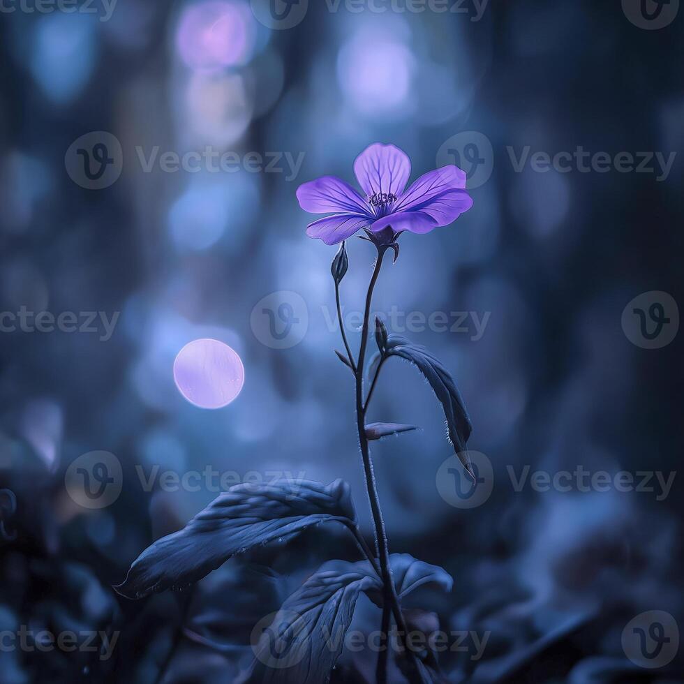 delicate purple flower stands tall in mystical forest, illuminated by soft glowing lights, creating serene and enchanting atmosphere photo