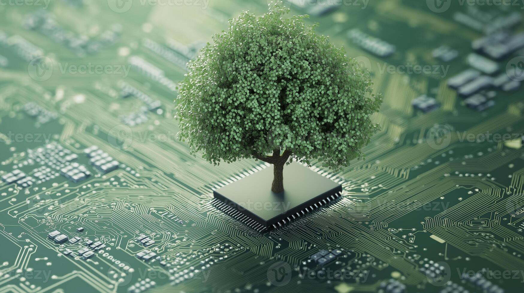 a green tree growing on electronic circuit board photo