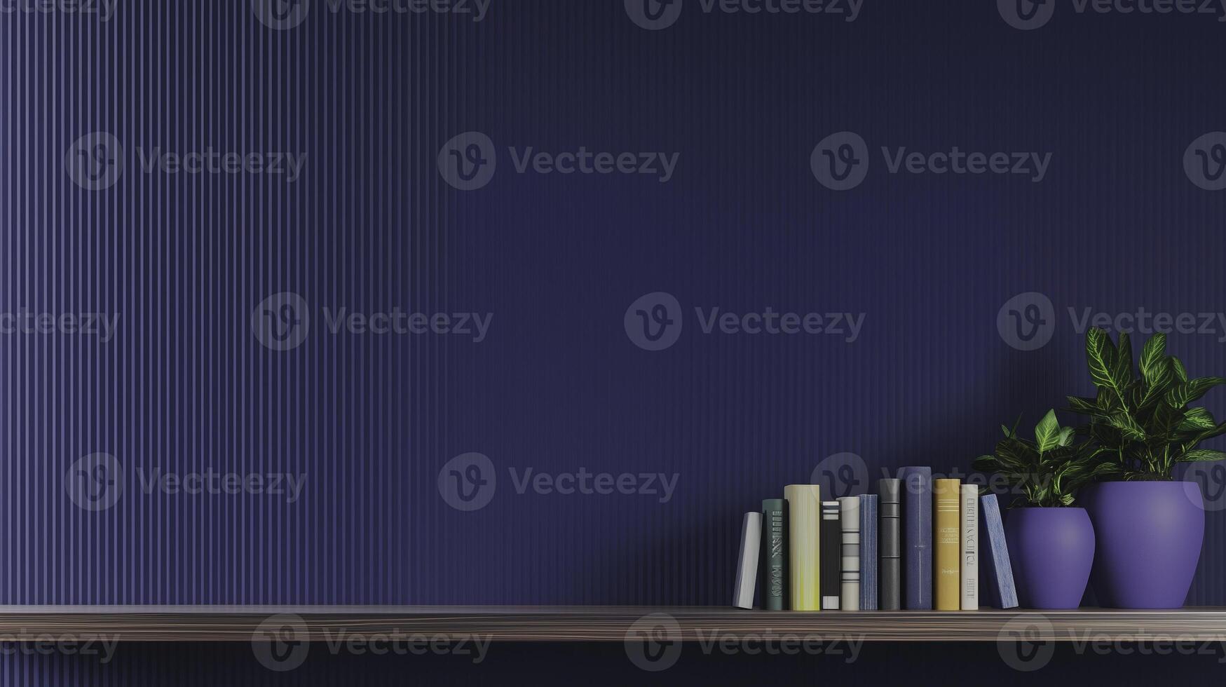 minimalist bookshelf with books and potted plants against textured dark wall photo