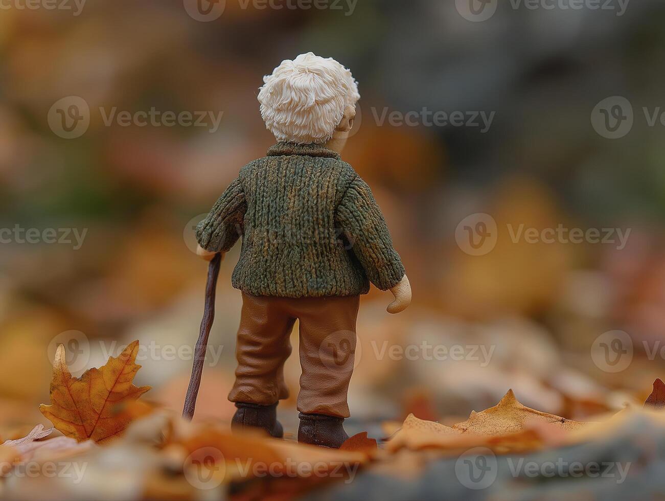 old man figurine with brown pants and walking stick stands among autumn leaves, evoking sense of nostalgia and tranquility photo