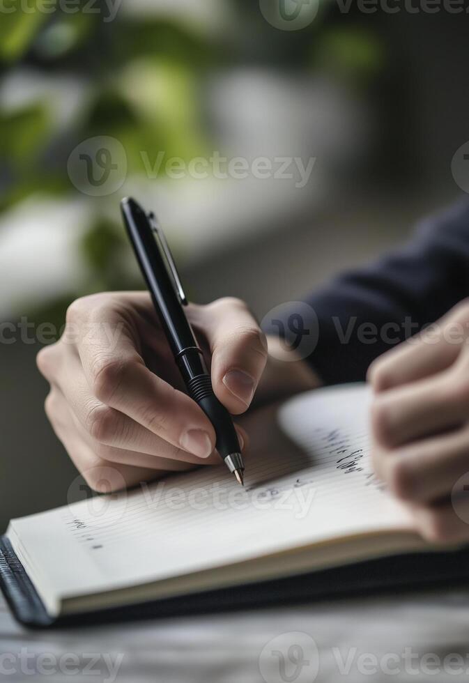 person is writing in open notebook with black pen, capturing thoughts and ideas. serene environment enhances focus and creativity photo