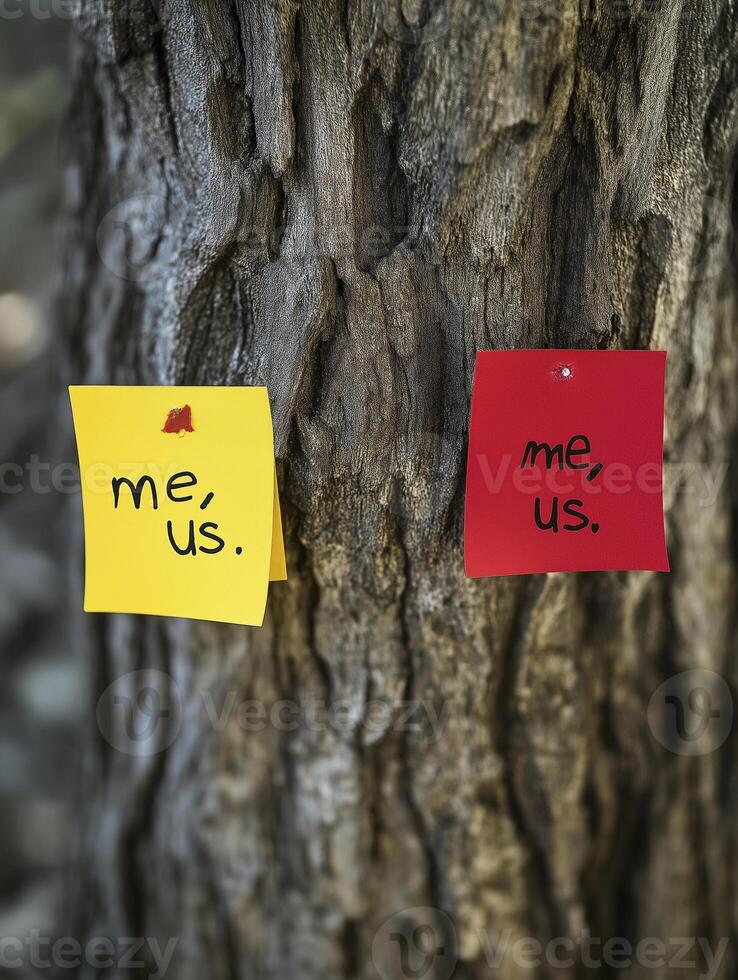 Two colorful post it notes on tree trunk, one yellow and one red, both with text me, us photo