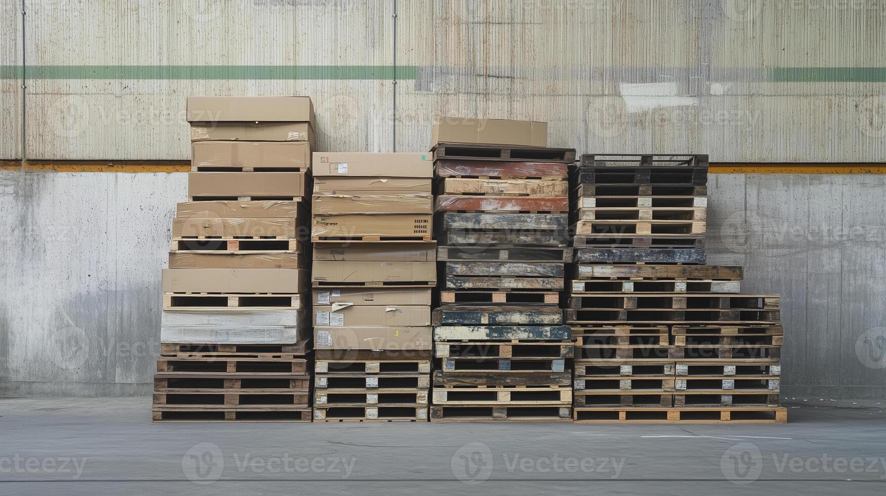 Stack of wooden pallets with cardboard boxes in warehouse setting, showcasing organized storage and industrial efficiency photo