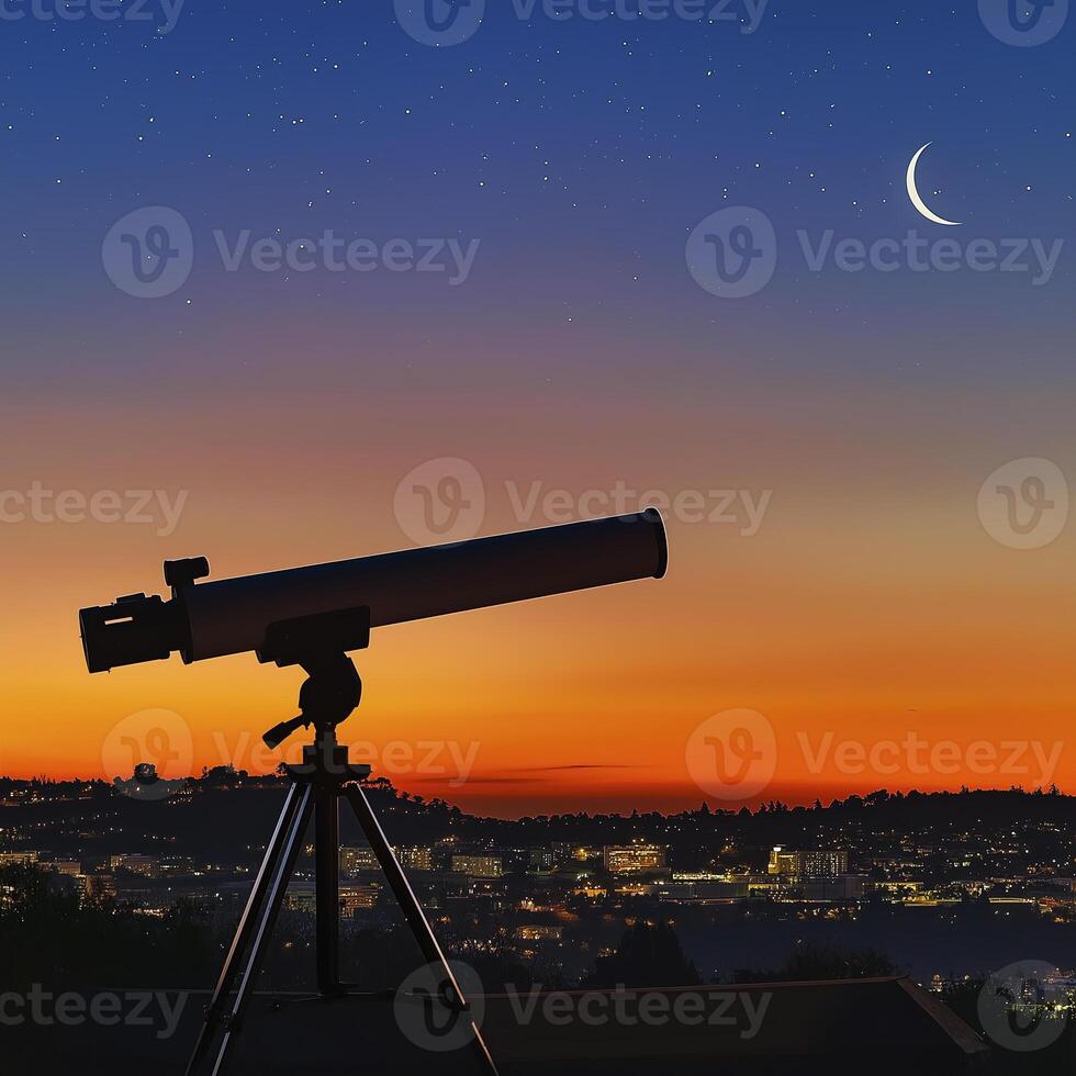 telescope on tripod is silhouetted against colorful sunset sky with stars and crescent moon photo