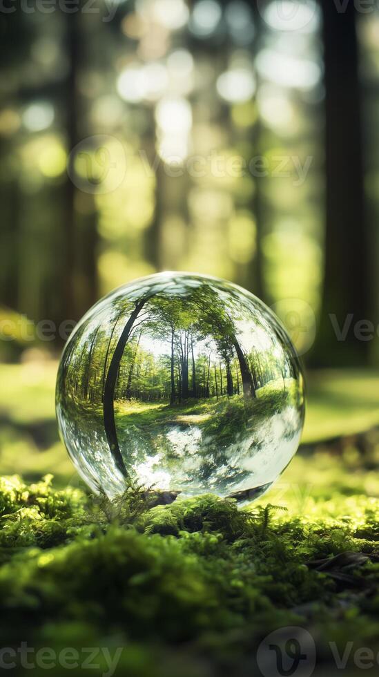 glass sphere reflecting serene forest scene with green moss photo