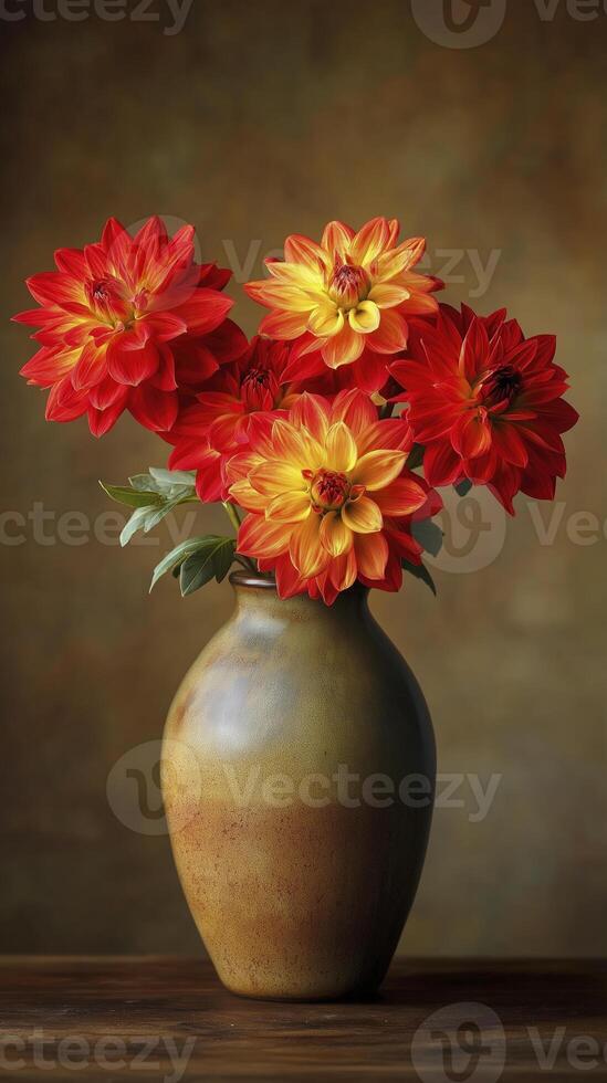 ceramic vase holds vibrant red and yellow dahlia flowers, creating warm and inviting atmosphere photo
