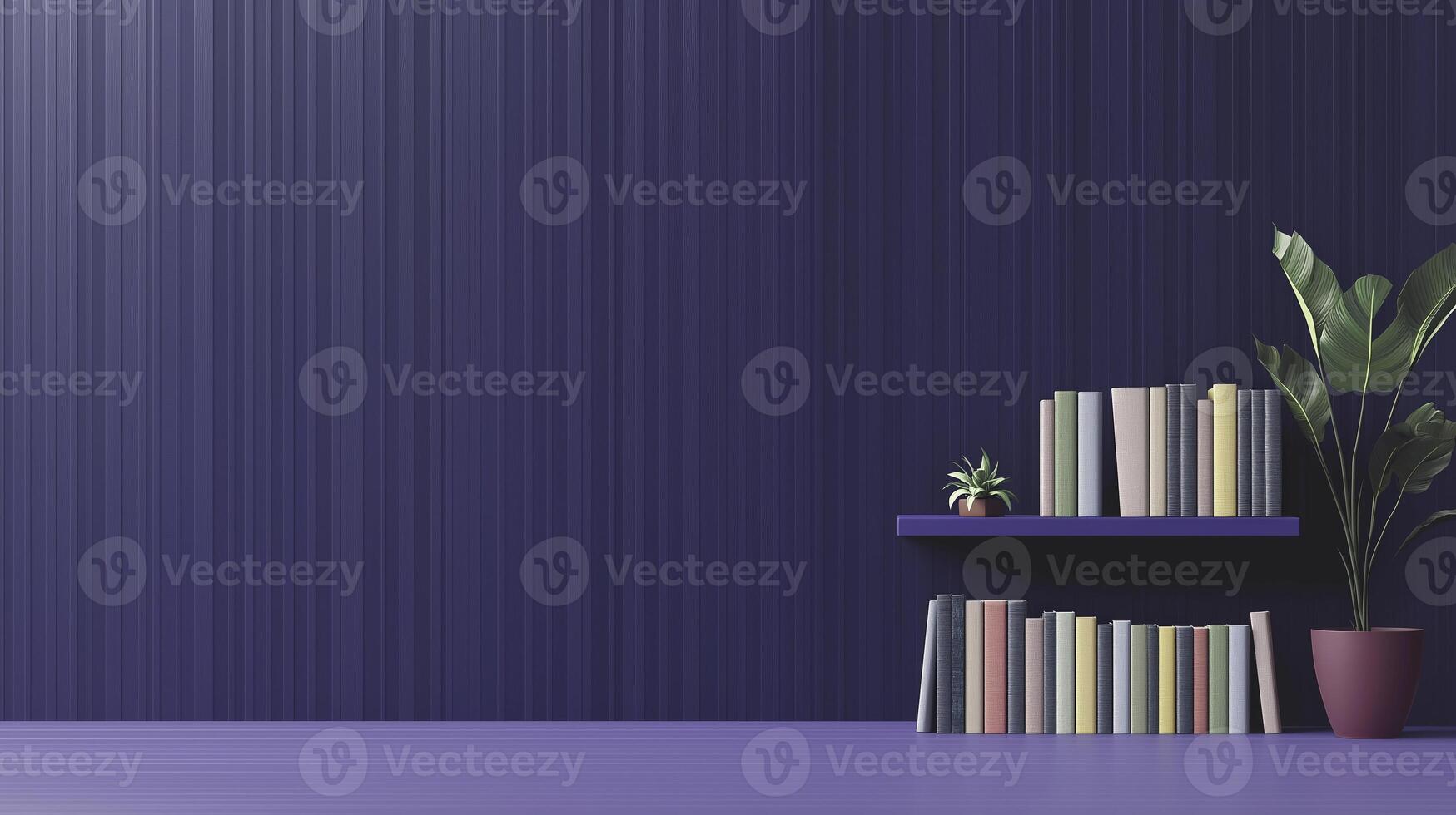 minimalist design of bookshelf with colorful books and plant, set against dark blue background, creates serene atmosphere photo