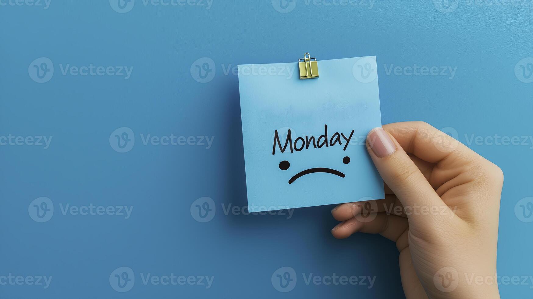 Hand holding blue sticky note with sad face emoji and Monday text, expressing feelings about start of week photo