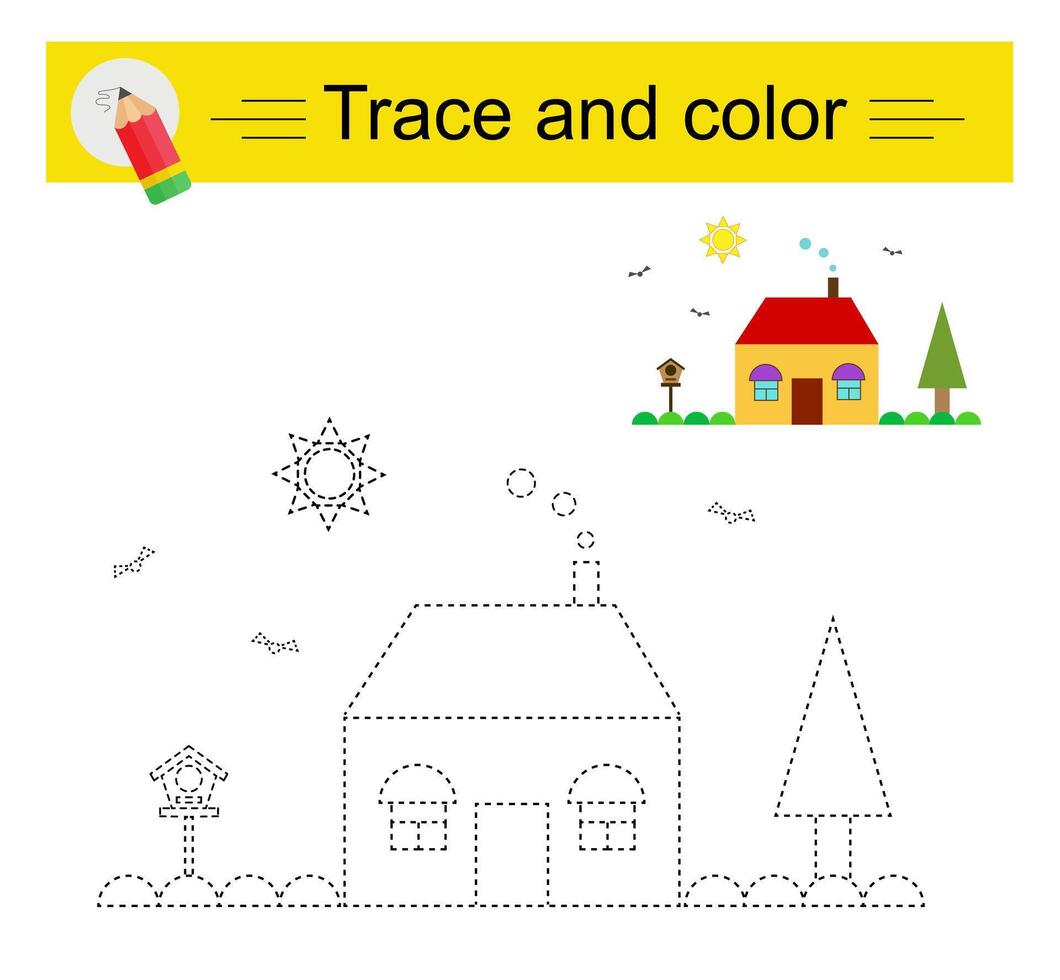 Trace and color for children. Preschool worksheet for practicing fine motor skills. Cartoon house, trees. vector