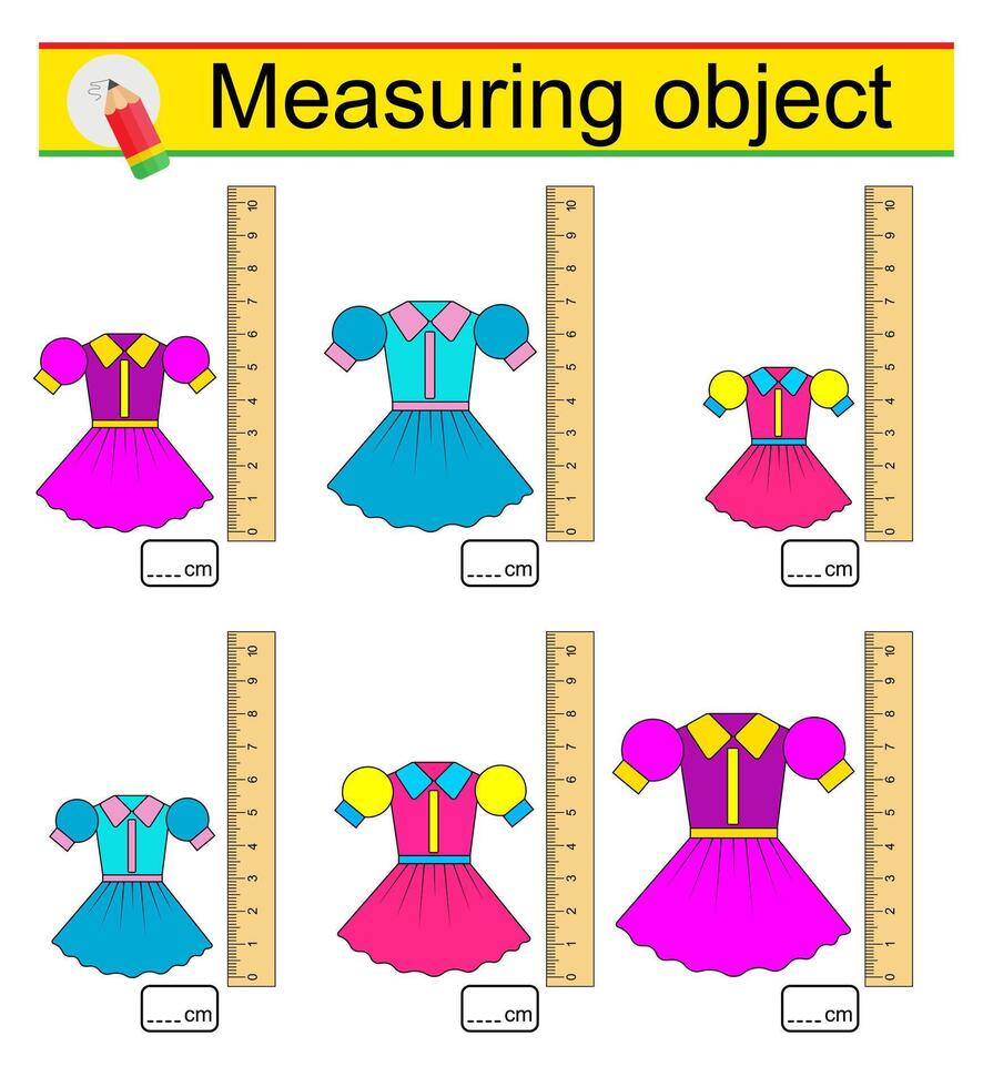 Worksheet for preschool kids. Measuring the length of cute dresses with a ruler. vector