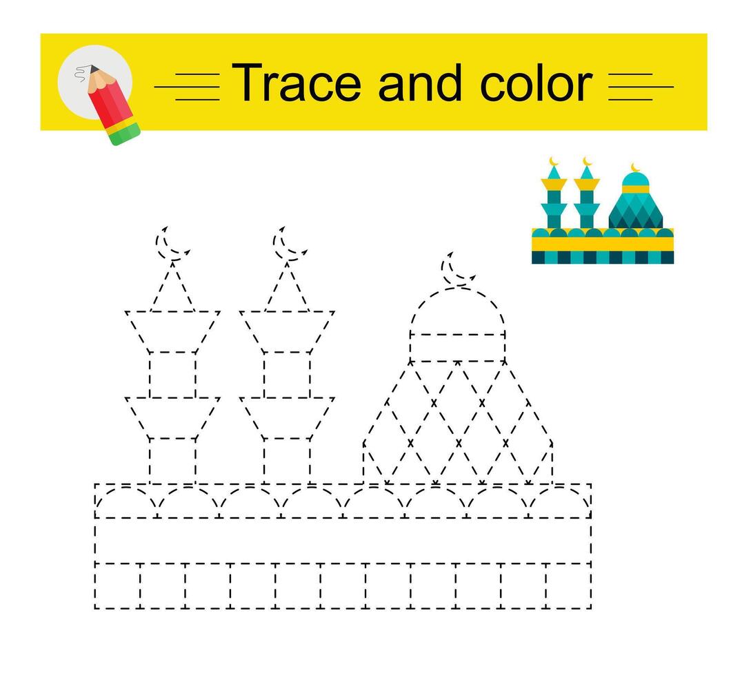 Trace and color for children. Preschool worksheet for practicing fine motor skills. Cartoon mosque. vector