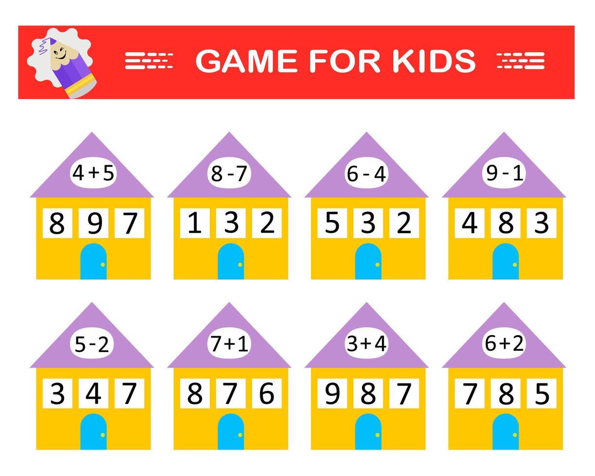 Math game for kids. Circle the right answer. Preschool worksheet activity. Number range up to 10. Printable worksheet. illustration vector