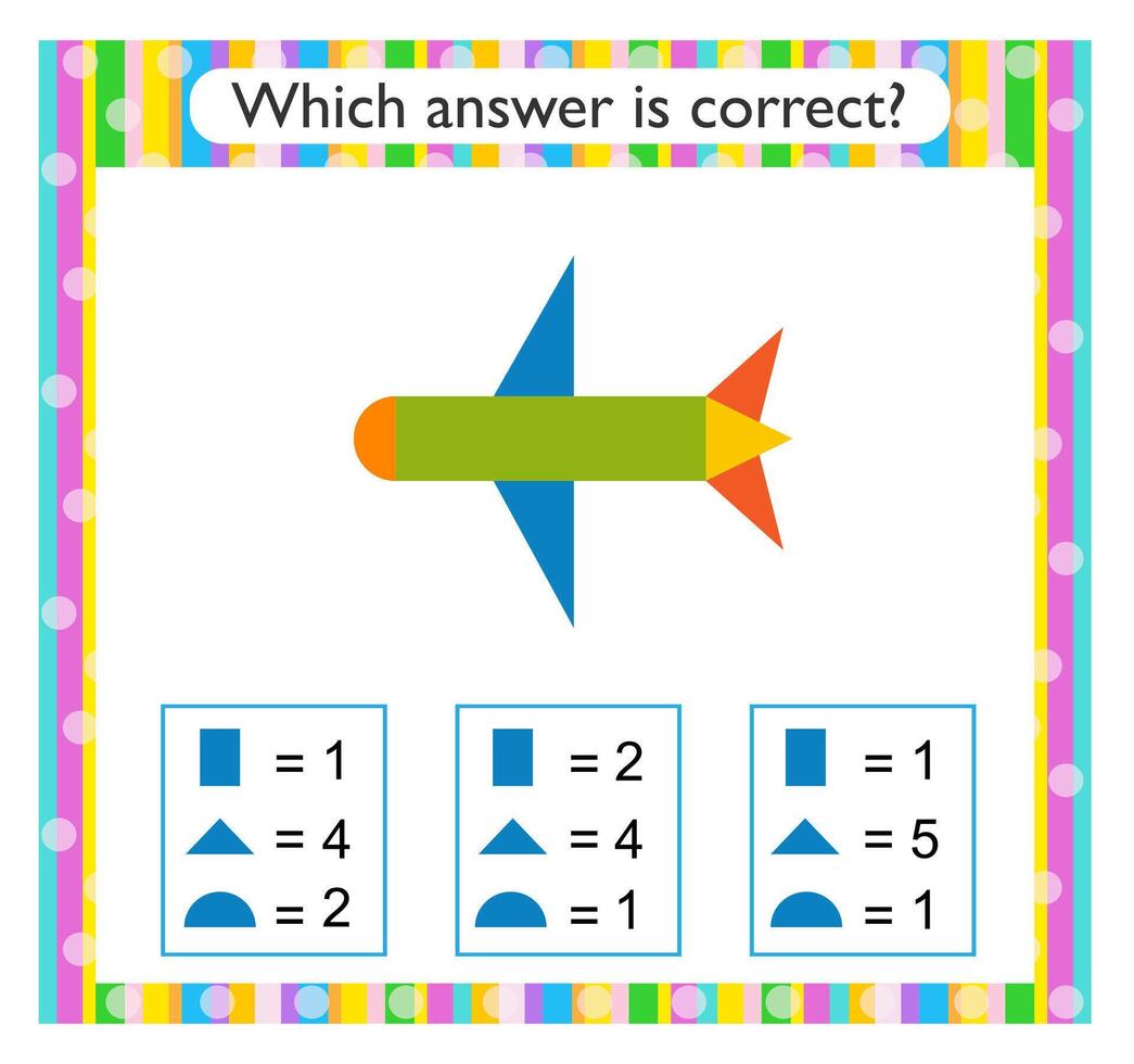 Math activity for kids. Find the correct answer. Cartoon airplane. vector