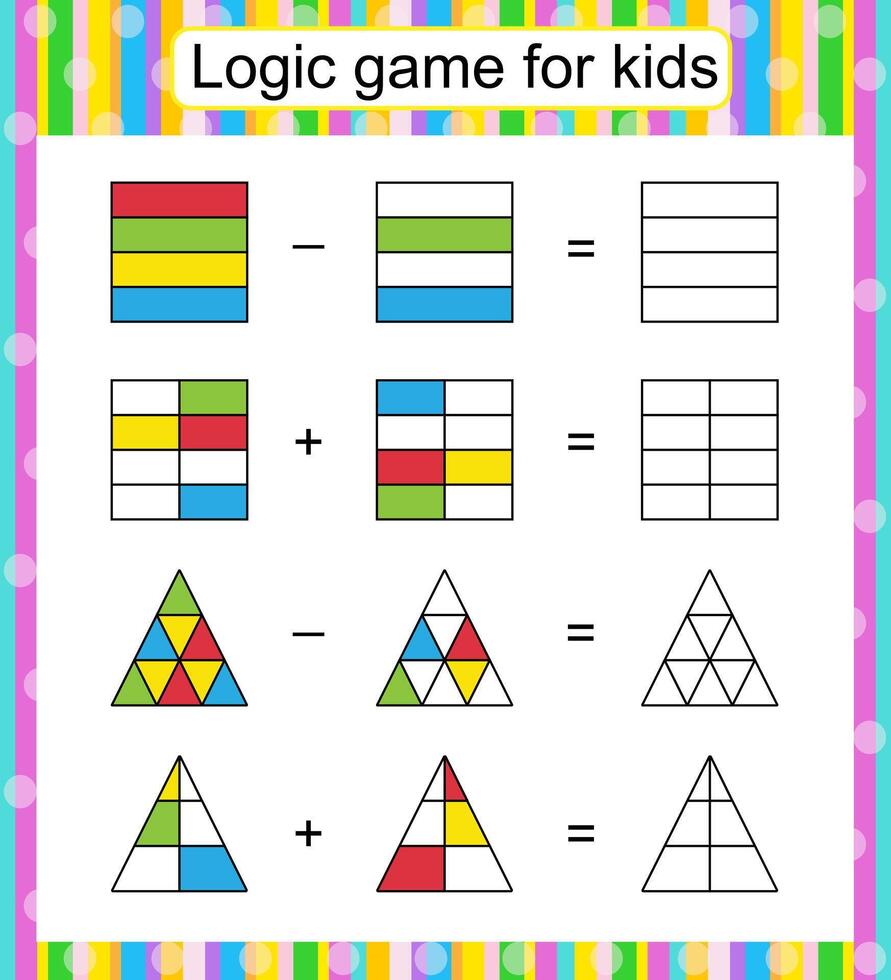 Logic game for kids. Find and color the missing parts. Children activity page. Worksheet. vector