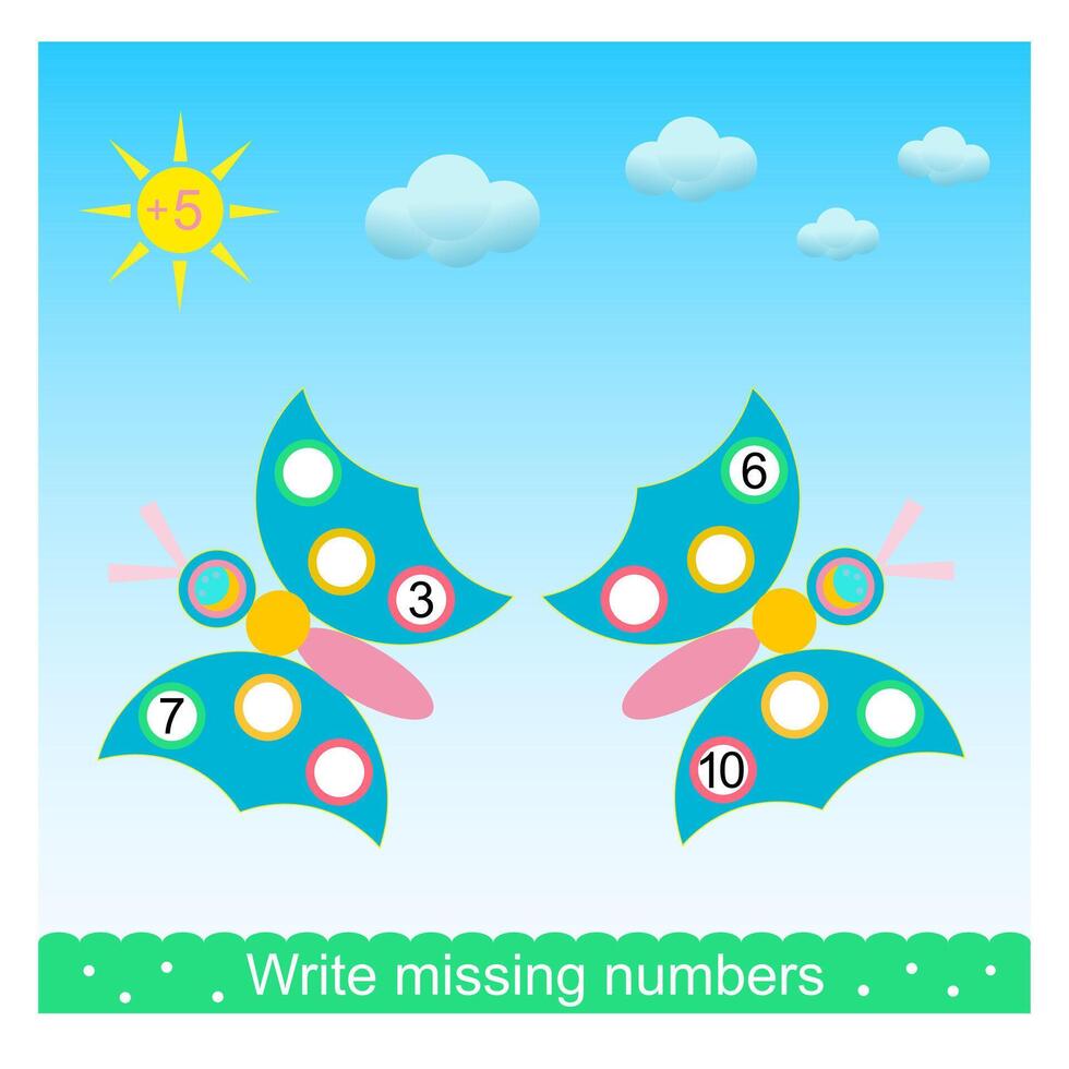 Math activity for kids. Write missing numbers. Developing numeracy skills. illustration vector