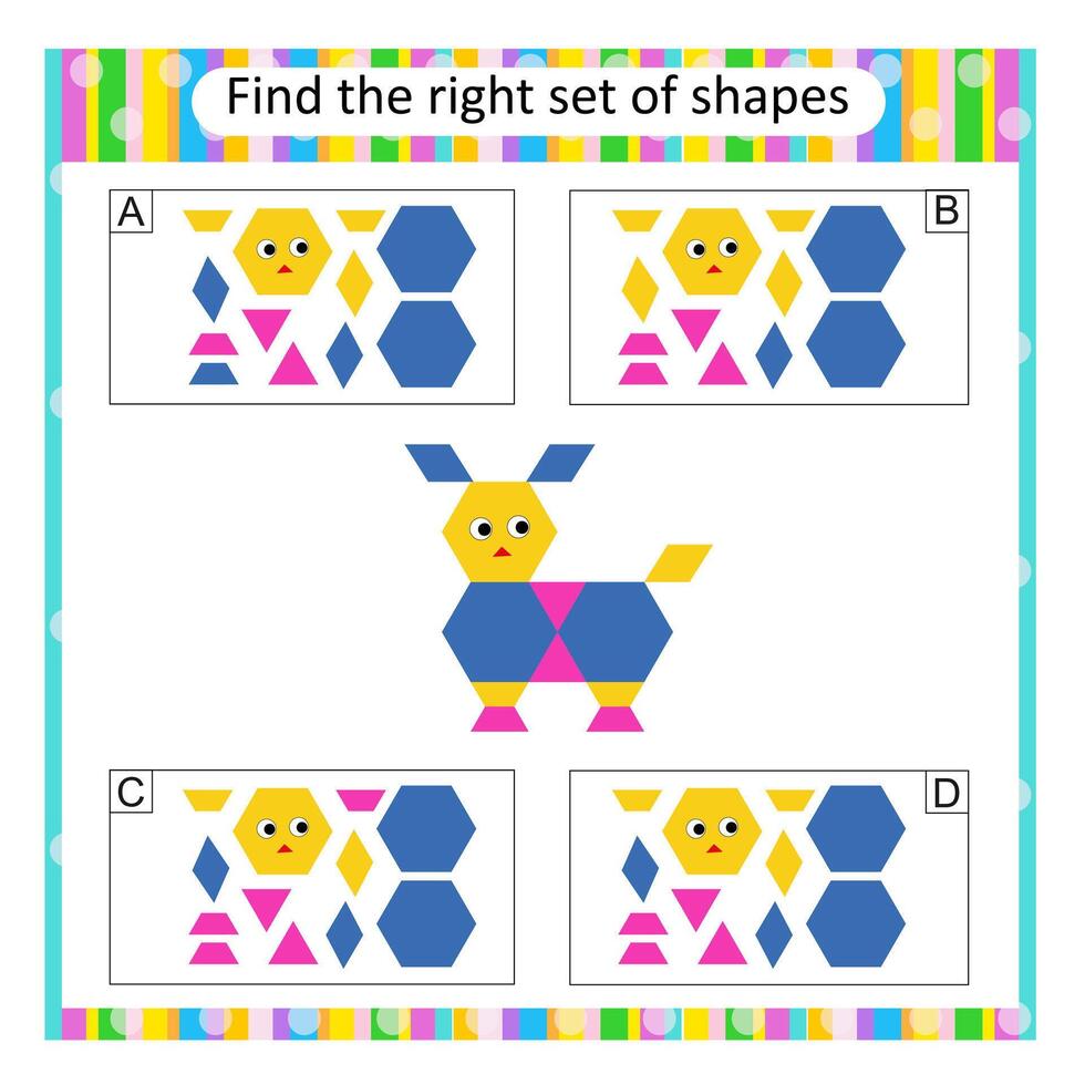 Logic puzzle for children. Find the correct set of cartoon animal. Preschool worksheet activity. Answer is D. vector