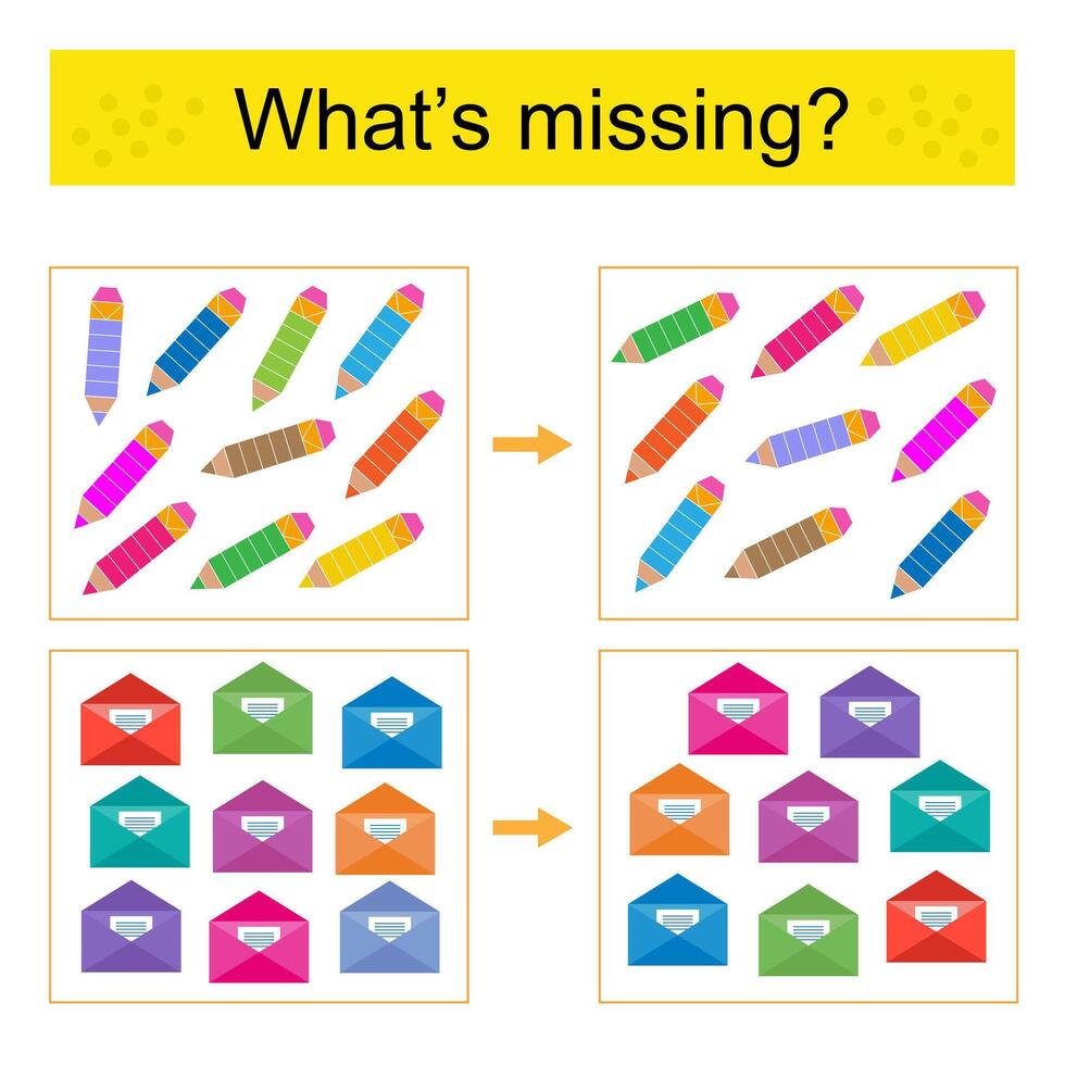 Puzzle game for kids. Task for the development of attention and logic. Find the missing pencil and envelope. vector