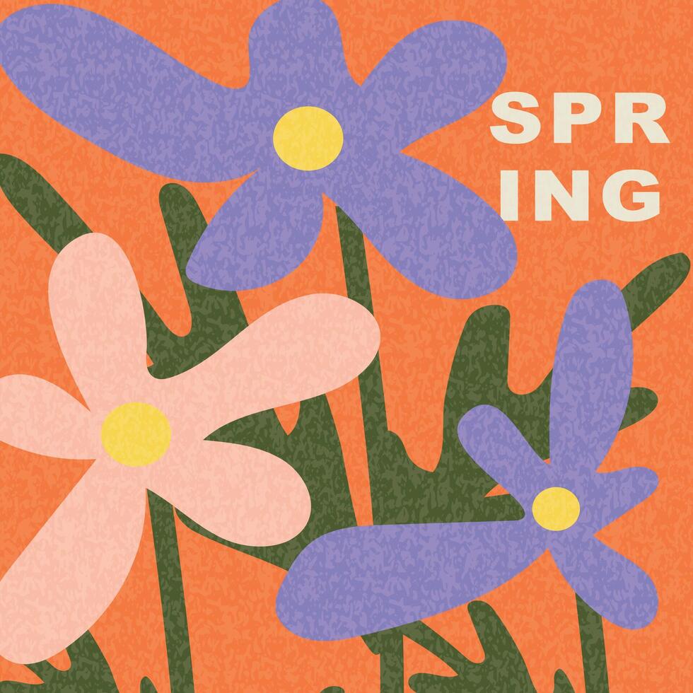 Abstract spring floral illustration with textured pastel flowers and bold typography on a vibrant orange background. Minimalist abstract nature art shapes collection. Pastel color design vector