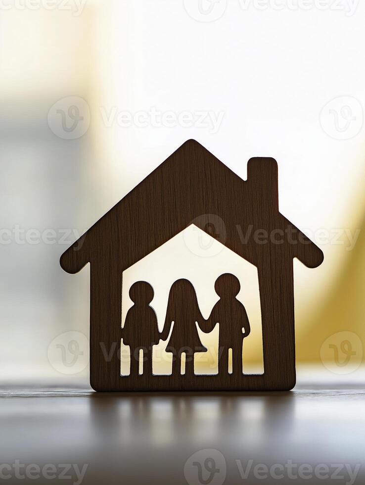 simple wooden house silhouette with cut out family figures symbolizes home and togetherness photo