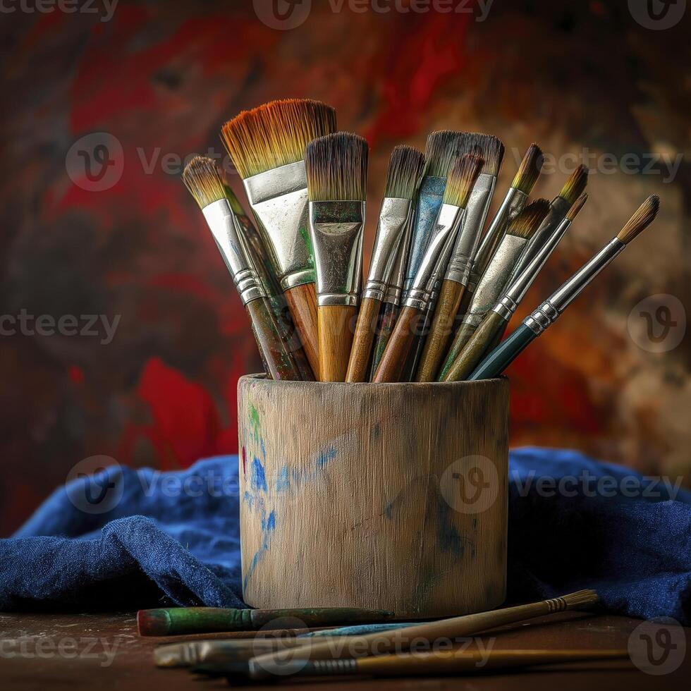 wooden brush holder filled with colorful art brushes, showcasing creativity and artistry photo