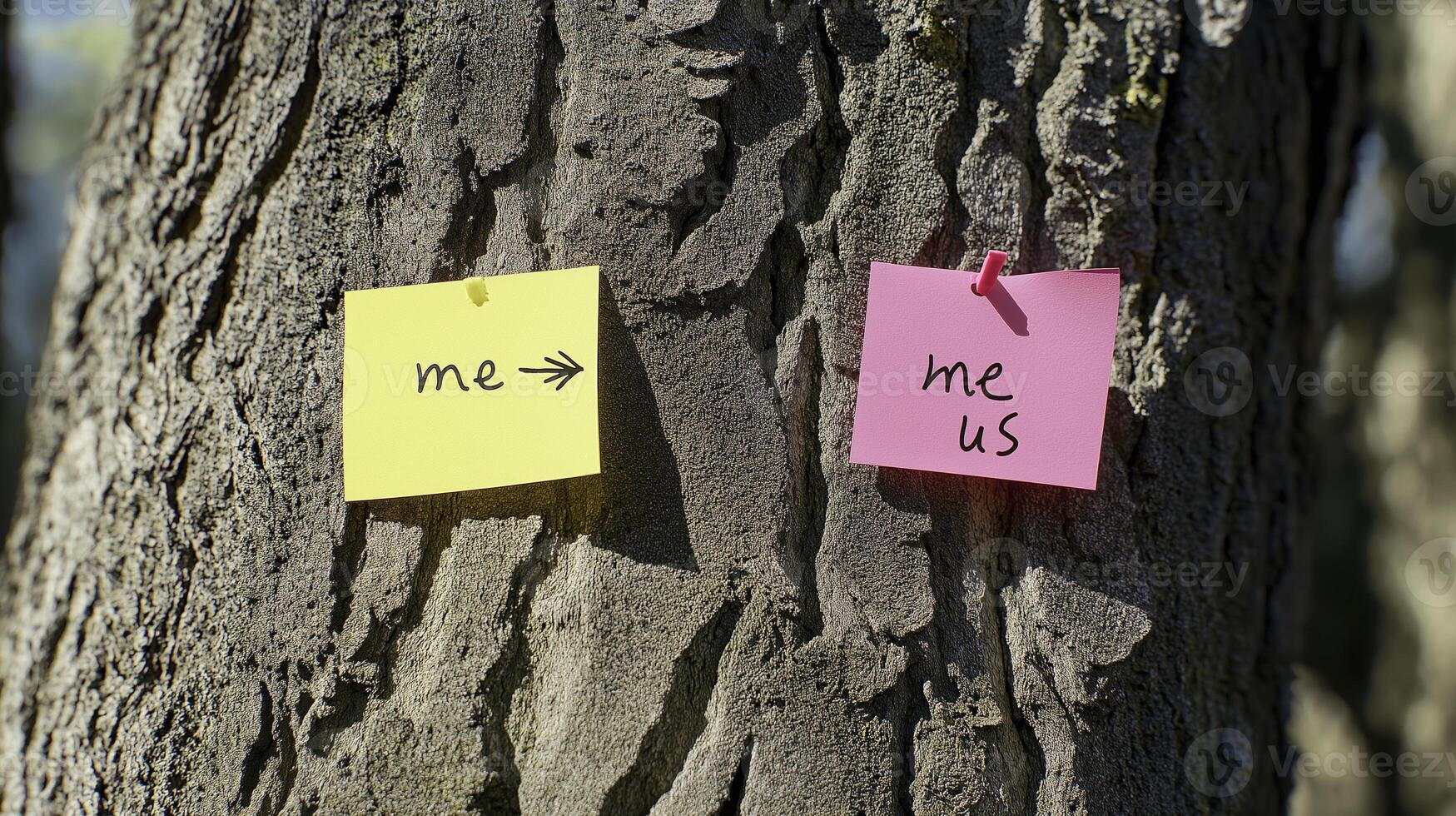 Two sticky notes on tree, one yellow with arrow pointing to me and pink note saying us, symbolizing connection and individuality photo