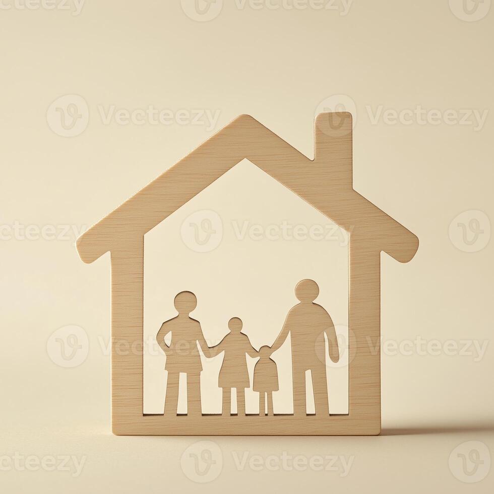 simple wooden house silhouette with family figures symbolizes unity and love photo