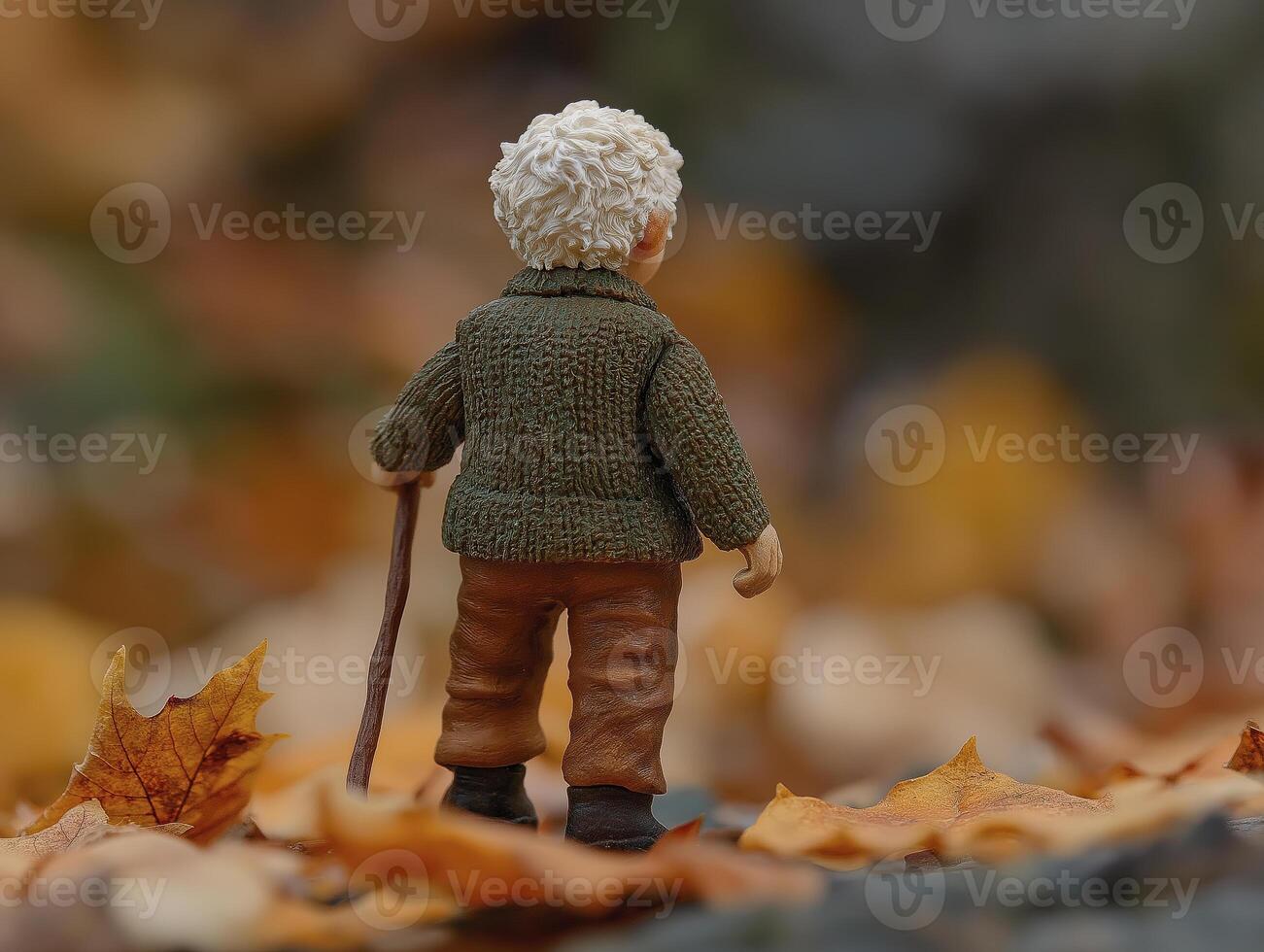 miniature figurine of old man with brown pants and walking stick, surrounded by autumn leaves, evokes sense of nostalgia photo