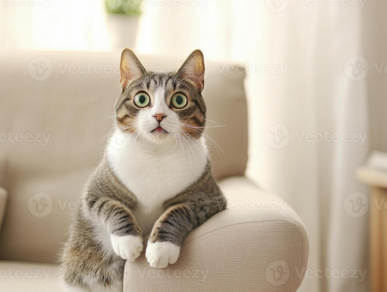 gray and white tabby cat with green eyes sits on cozy sofa, looking surprised and curious. soft lighting creates warm atmosphere photo