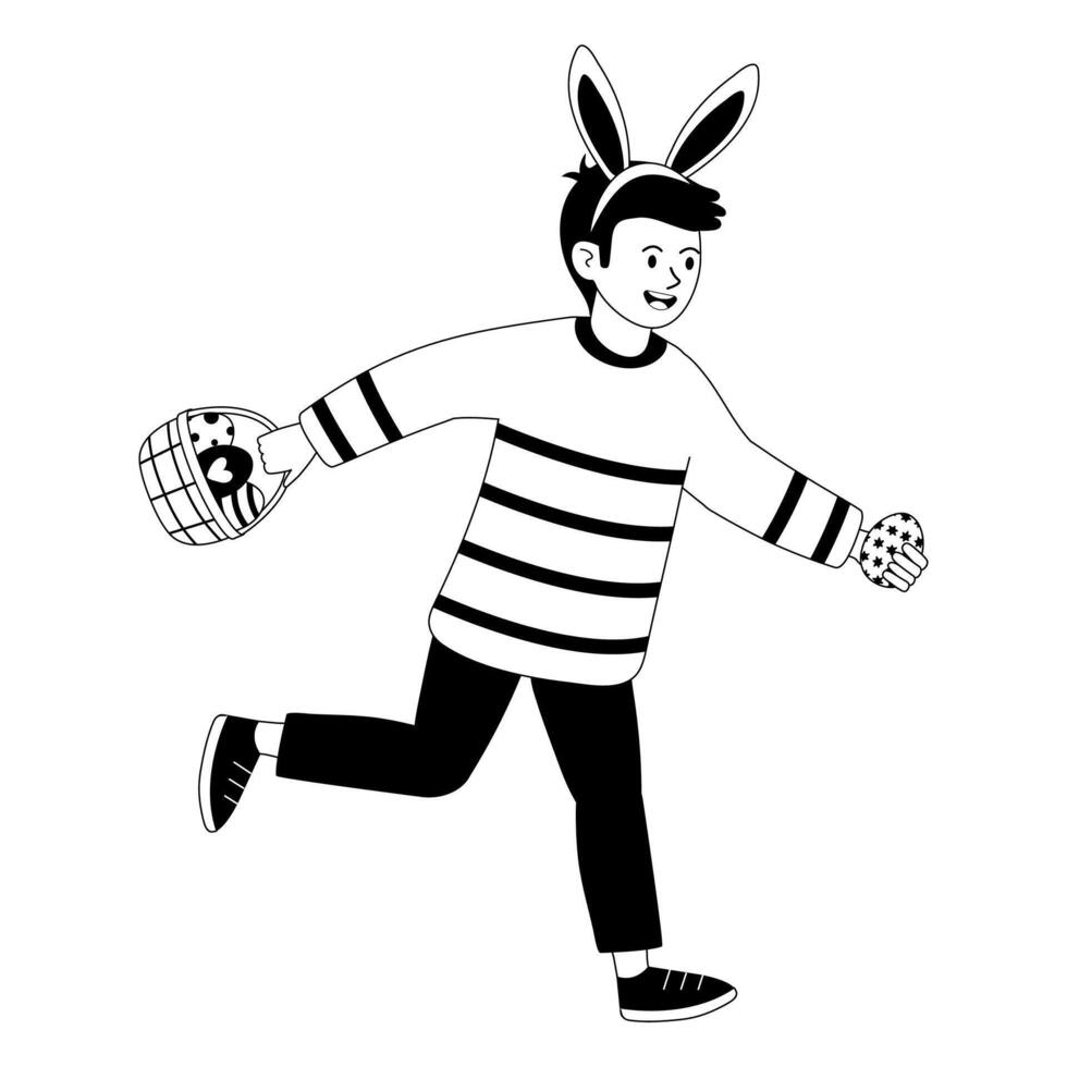 Boy with bunny ears joyfully hopping while holding an Easter egg basket vector