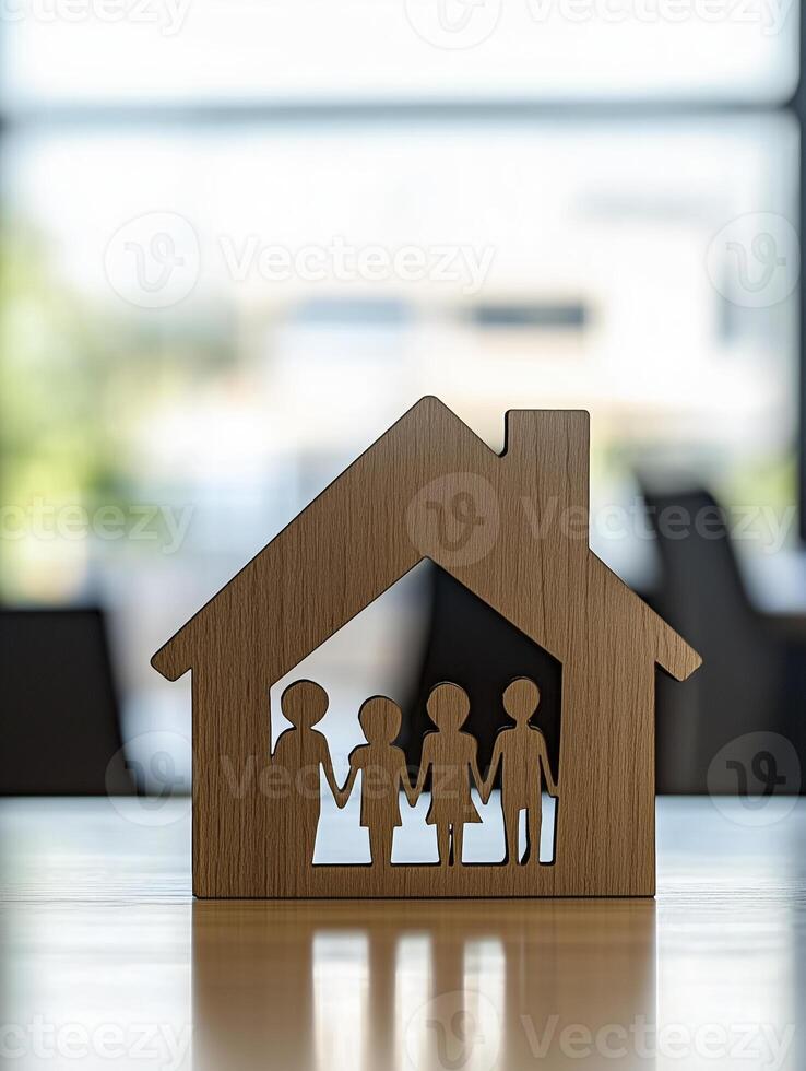 simple wooden house silhouette with cut out family figure symbolizes unity and warmth photo
