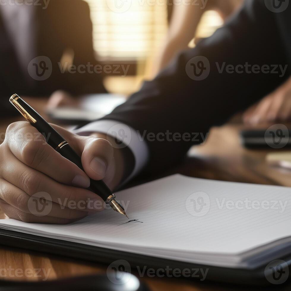 close up of hand writing in open notebook during meeting, showcasing focus and professionalism photo
