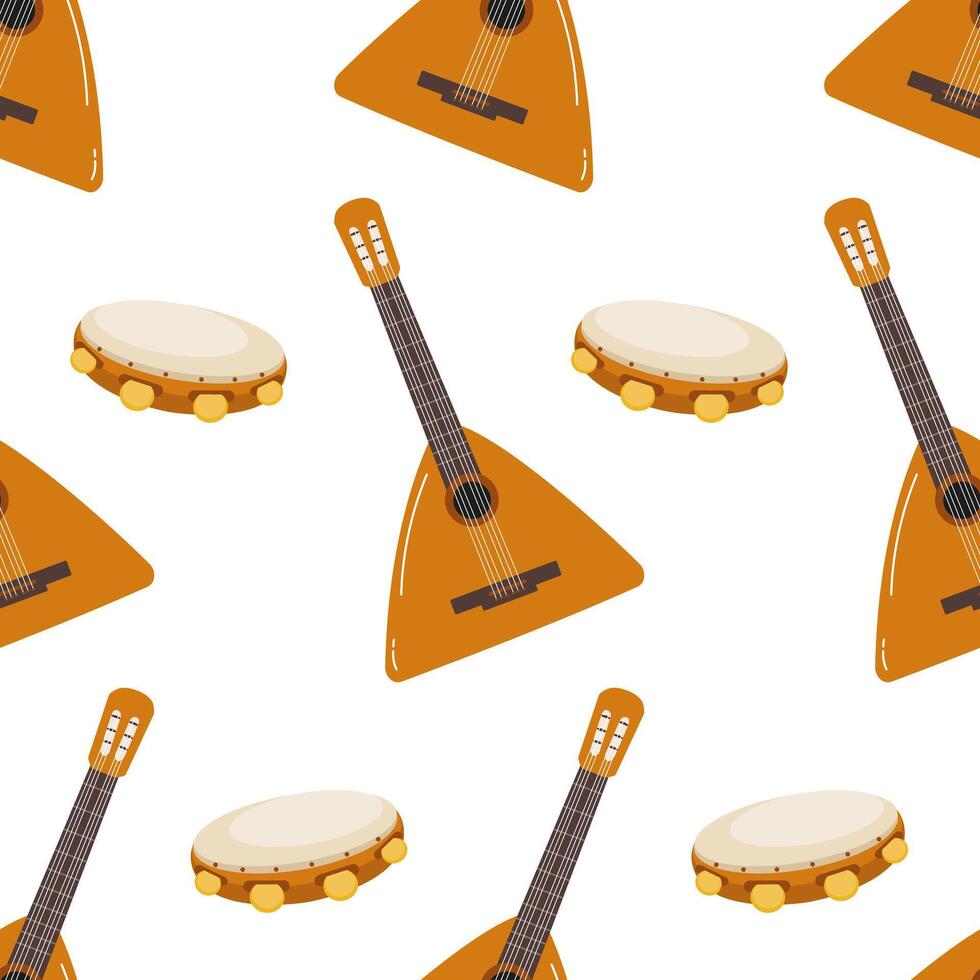 Musical instruments pattern featuring balalaika and tambourine designs on a white background vector