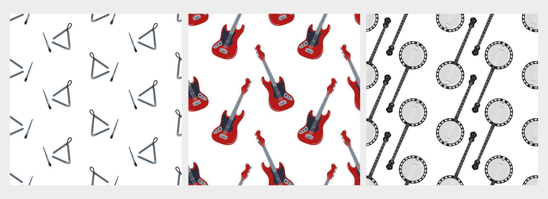 Patterns featuring musical instruments and geometric shapes in vibrant colors vector
