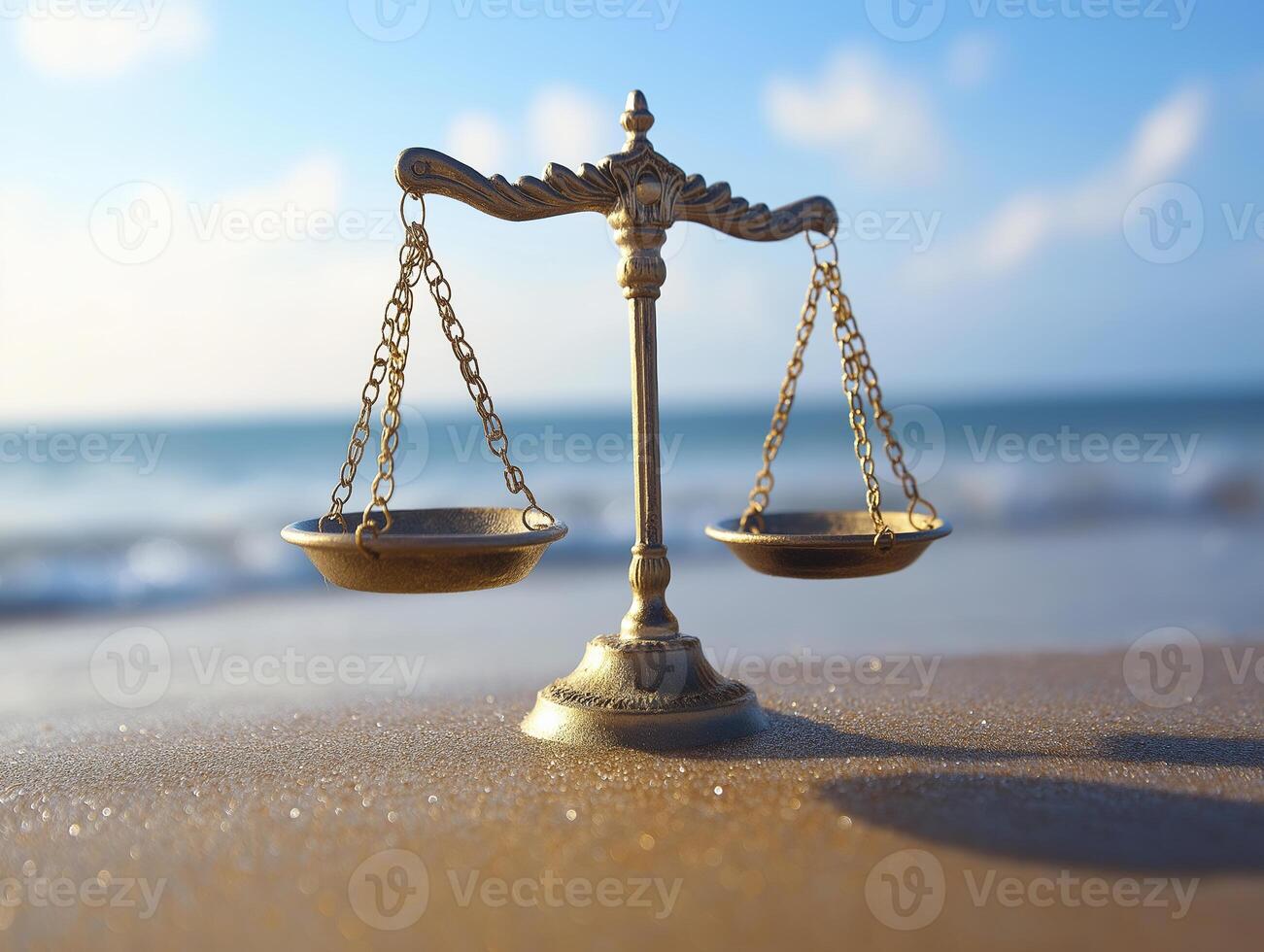 Golden scales of justice on sandy beach with ocean waves in background, symbolizing balance and fairness photo