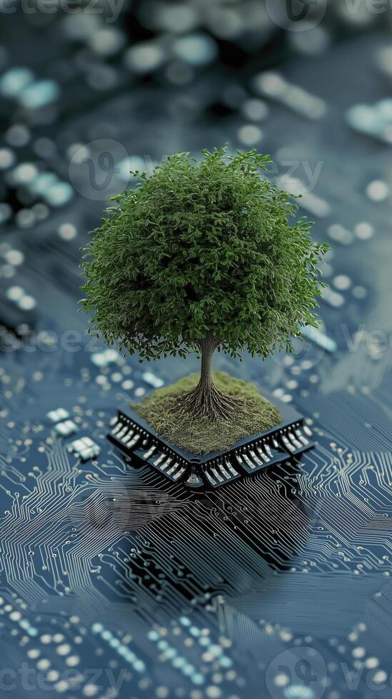 a green tree growing on an electronic circuit board symbolizes nature and technology photo