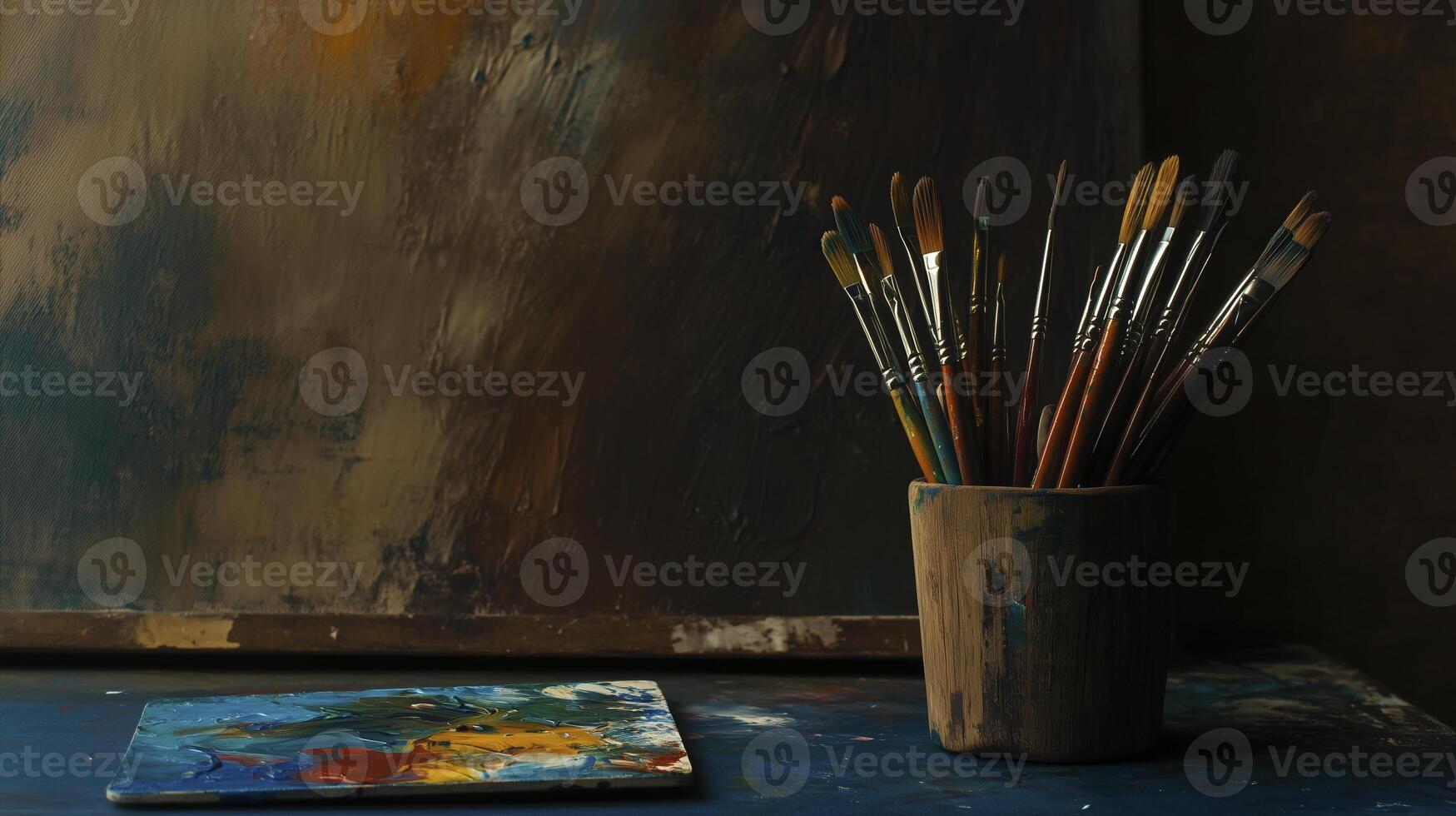 a wooden brush holder filled with colorful art brushes, showcasing creativity and artistry photo