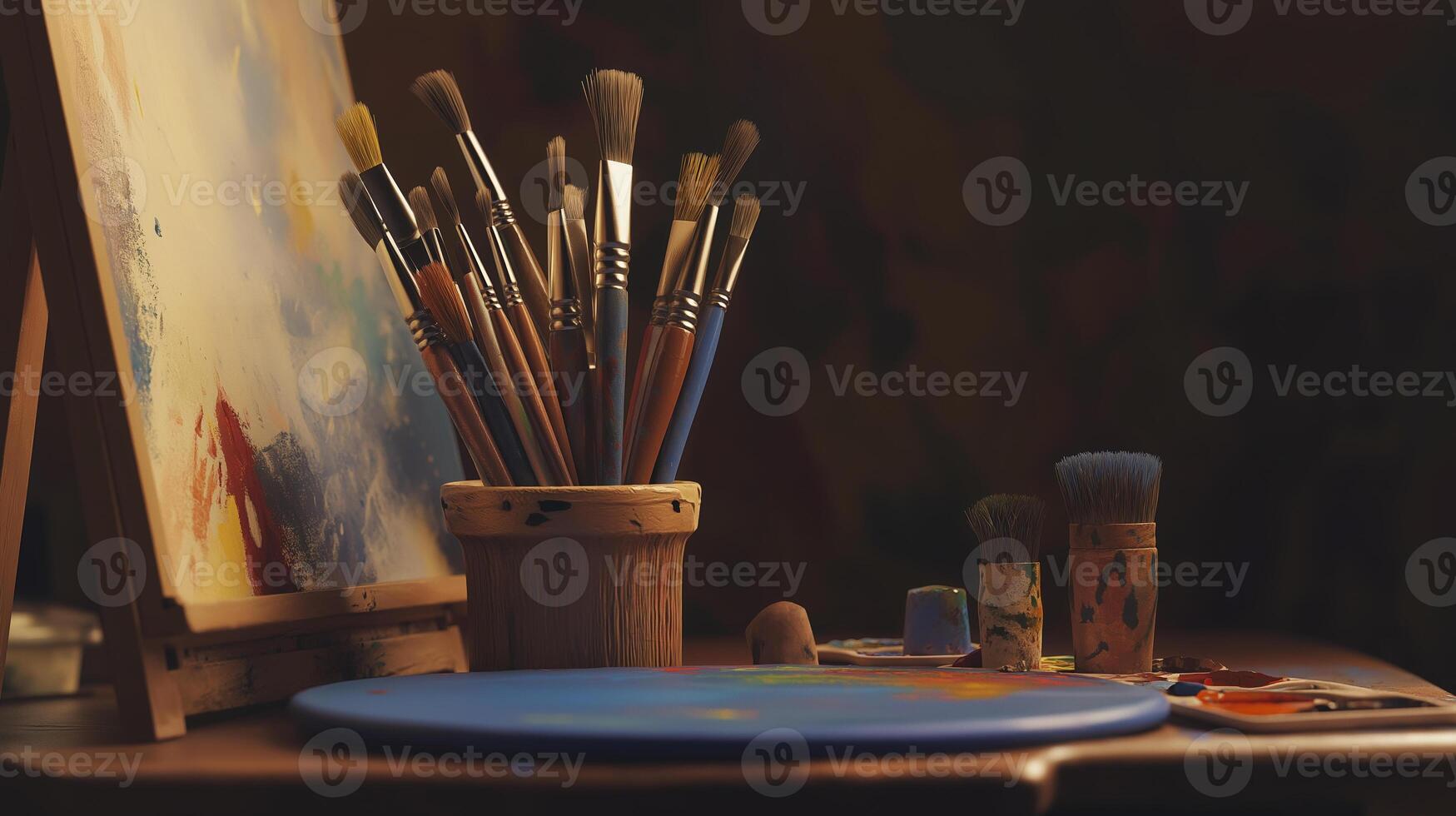 wooden brush holder filled with colorful art brushes on creative workspace. vibrant colors and tools inspire artistic expression photo