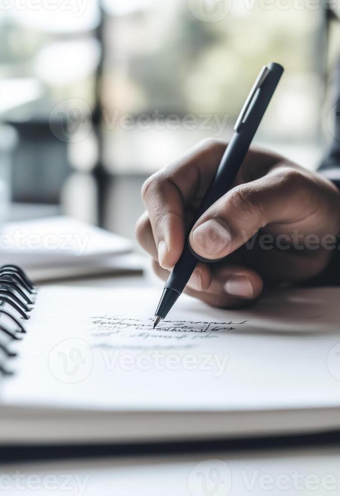 hand writing in open notebook with black pen, capturing thoughts and ideas photo