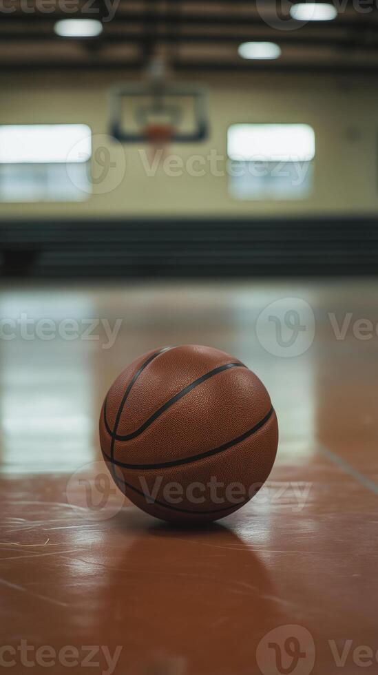 basketball resting on floor of indoor gym, capturing essence of sports and teamwork photo