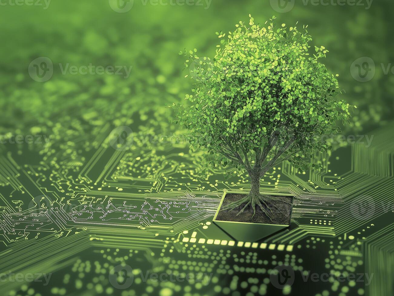 tree growing on electronic circuit board symbolizes nature and technology. This unique blend highlights sustainability and innovation photo