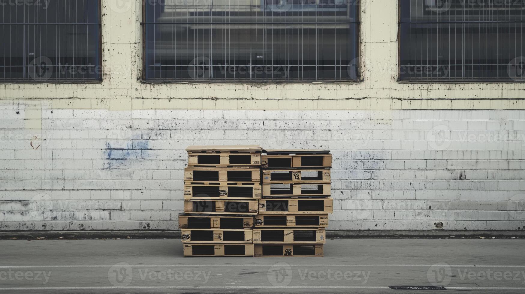 Stack of wooden pallets against textured wall, showcasing industrial storage photo