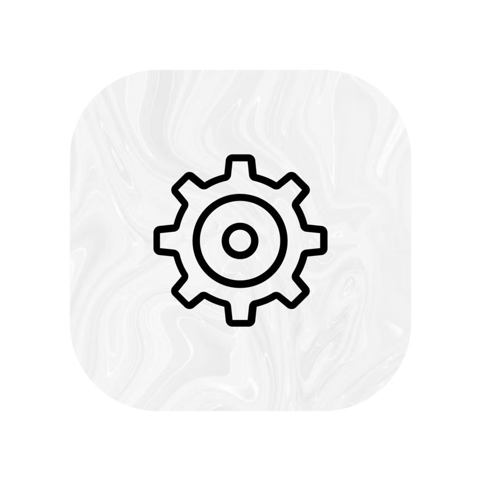 A white and black icon of a gear wheel png